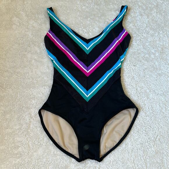 Vintage 80s 90s the Slim Suit Striped basque waist one piece swimsuit, 10 - Picture 1 of 11